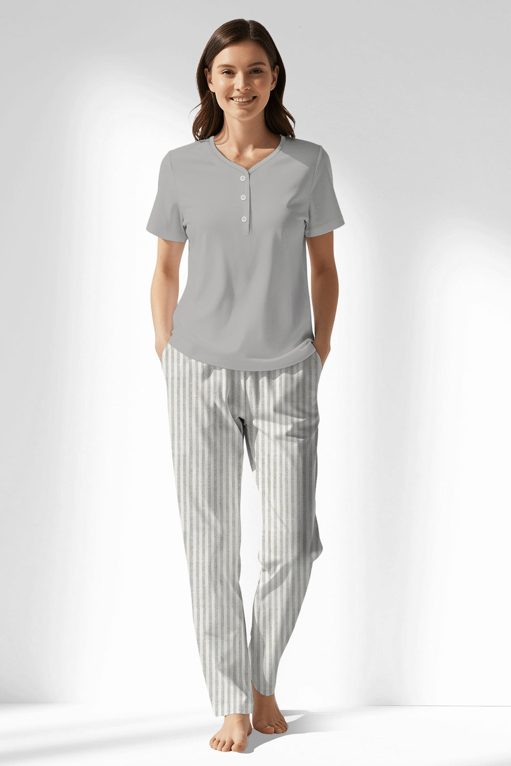 Woman Polyviscon InkWave Drop Collar Pyjama Set - METRAJ GRI - Image 1