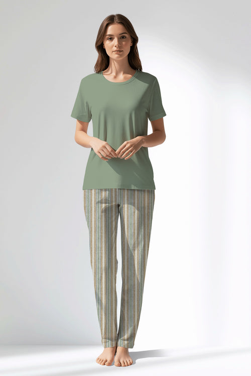 Woman Polyviscon LineFlow Pyjama Set - METRAJ YEŞİL - Image 1