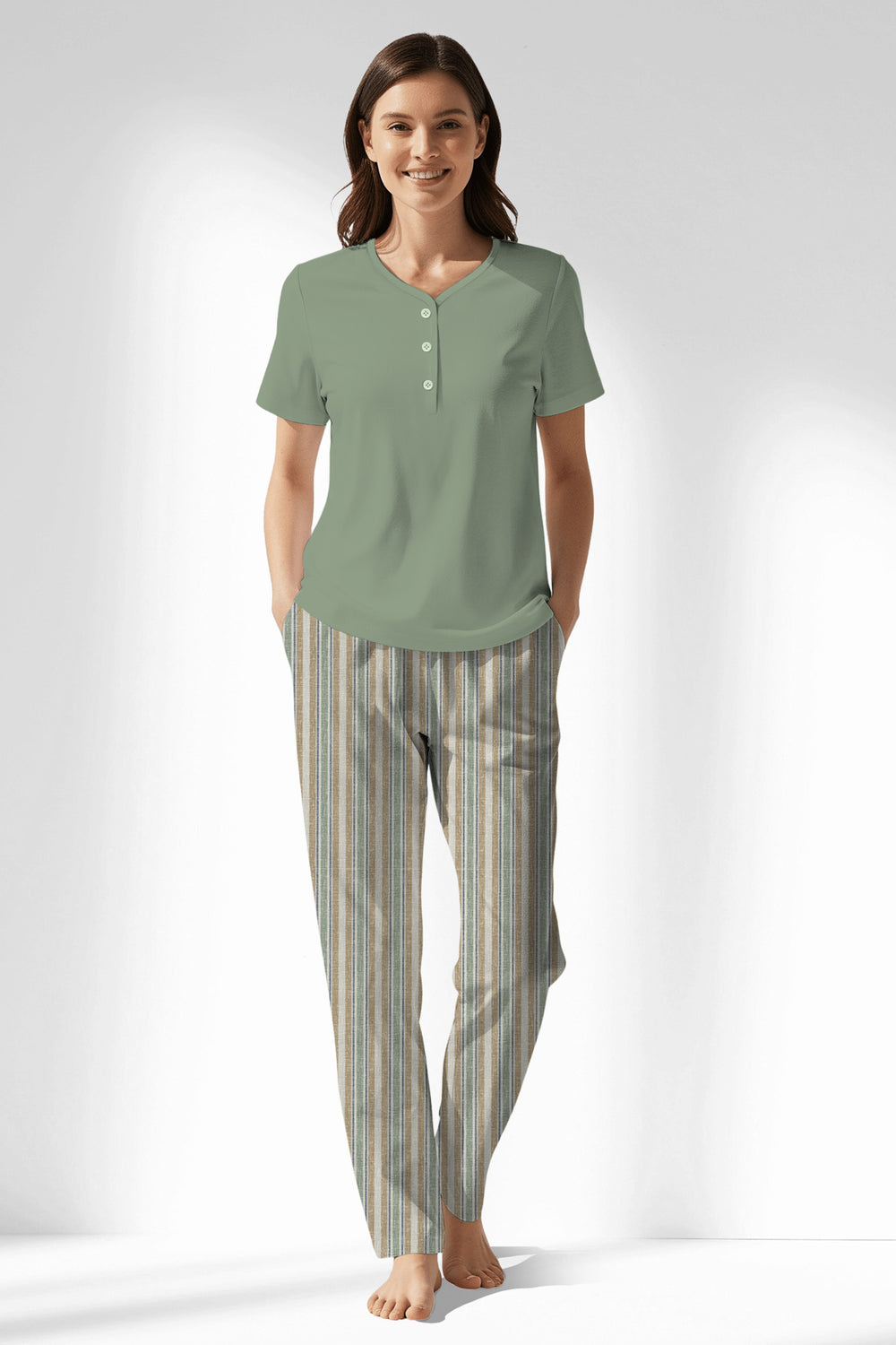 Woman Polyviscon LineFlow Drop Collar Pyjama Set - METRAJ YEŞİL - Image 1