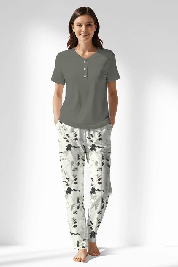 Woman Polyviscon Armonelle Drop Collar Pyjama Set - B-YAPRAK YEŞİL - Image 1