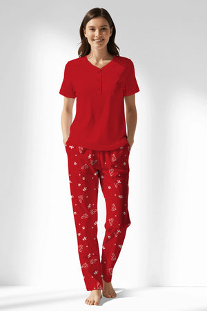 Woman Polyviscon Catty Drop Collar Pyjama Set - METRAJ ZEMIN - Image 1
