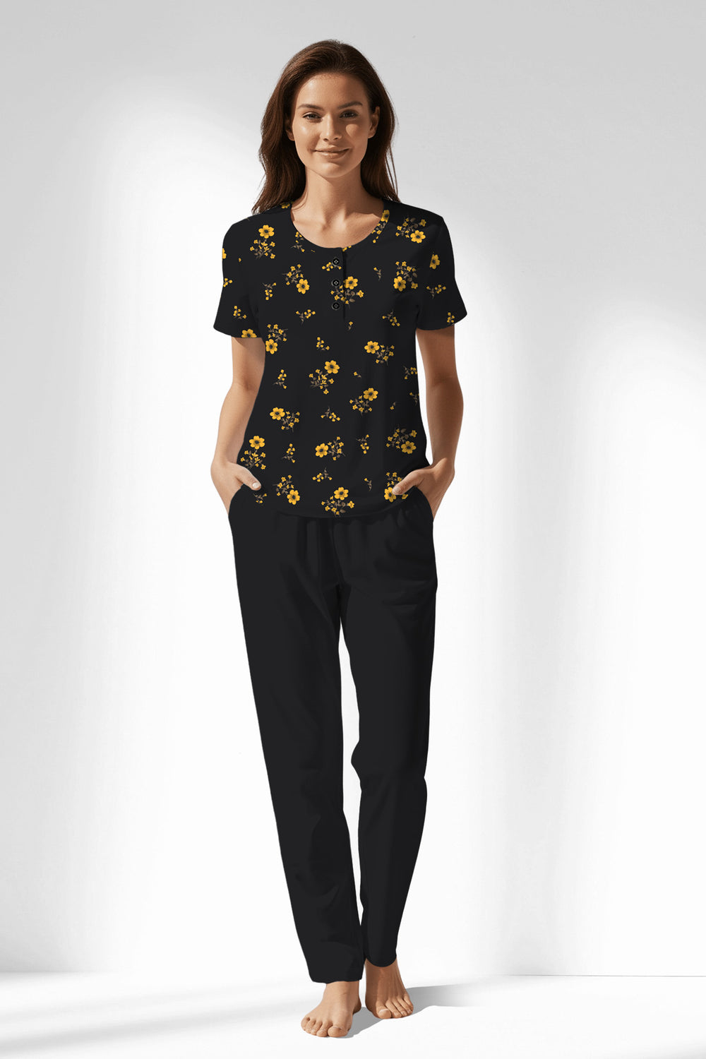 Woman Polyviscon Floryn Buttoned Collar Pyjama Set - ROTASYON - Image 1