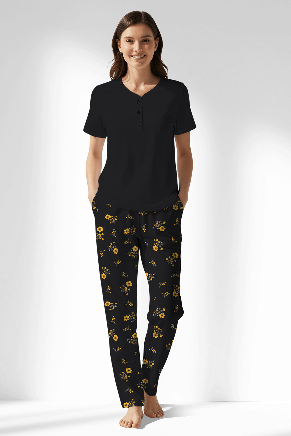 Woman Polyviscon Floryn Drop Collar Pyjama Set - METRAJ ZEMIN - Image 1