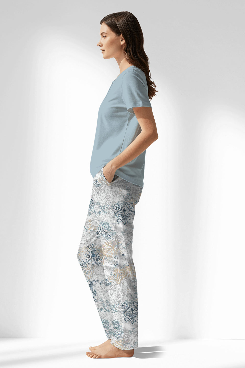 Woman Polyviscon Livora Drop Collar Pyjama Set - METRAJ MAVİ - Image 1