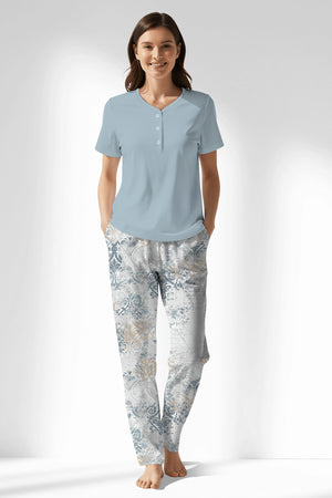 Woman Polyviscon Livora Drop Collar Pyjama Set - METRAJ MAVİ - Image 1