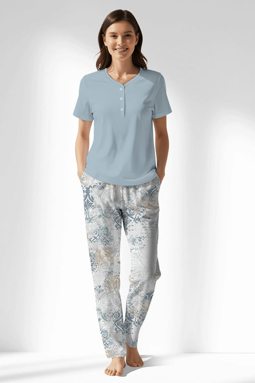 Woman Polyviscon Livora Drop Collar Pyjama Set - METRAJ MAVİ - Image 1