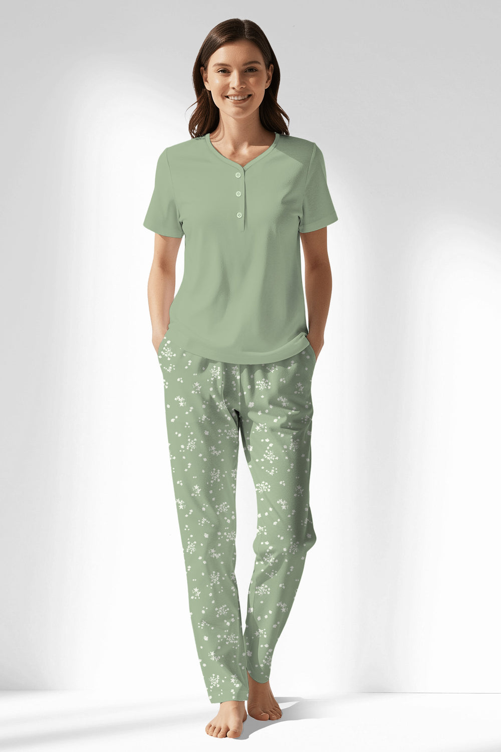 Woman Polyviscon Mirale Drop Collar Pyjama Set - METRAJ ZEMIN - Image 1