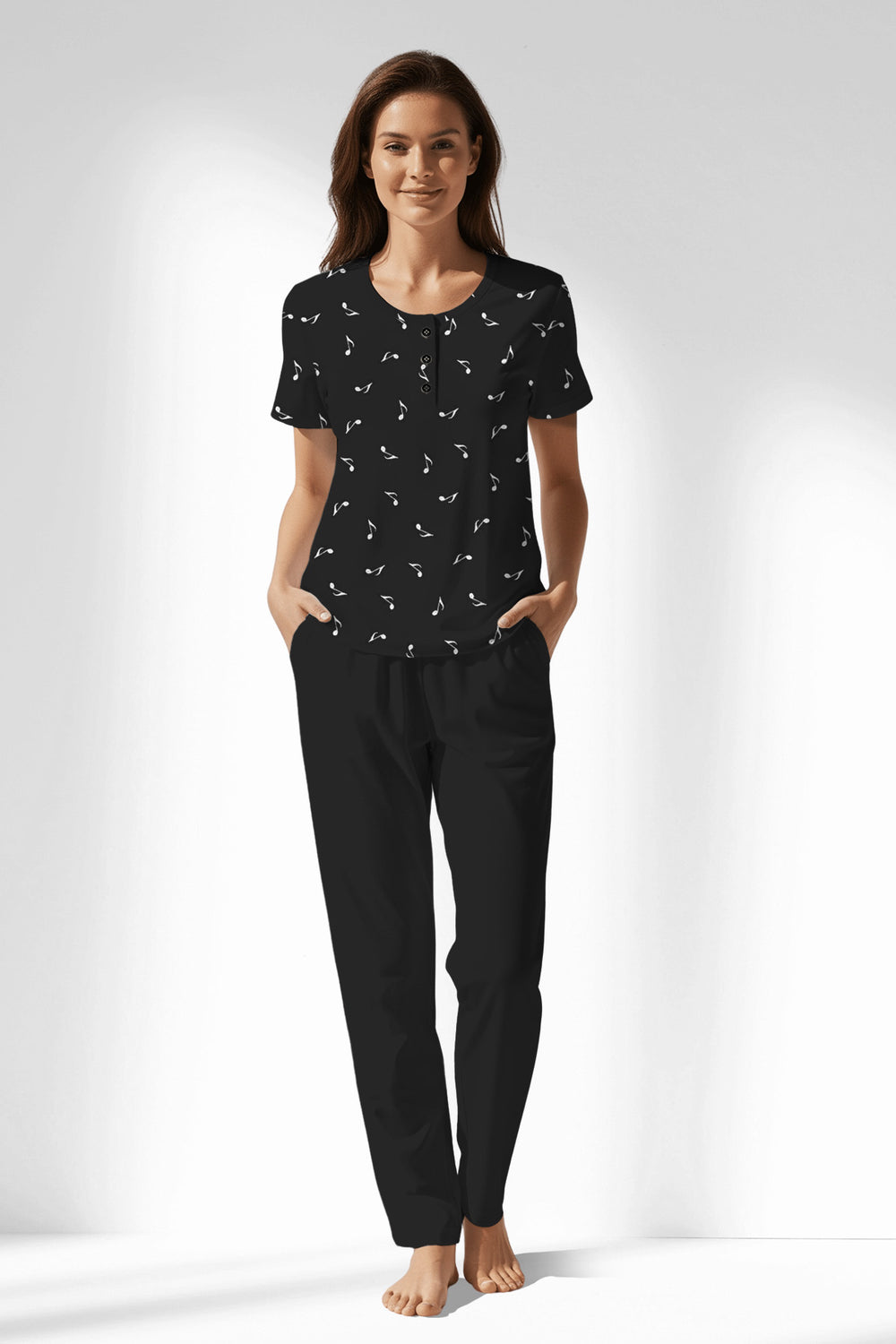 Woman Polyviscon Ritmica Buttoned Collar Pyjama Set - ROTASYON - Image 1