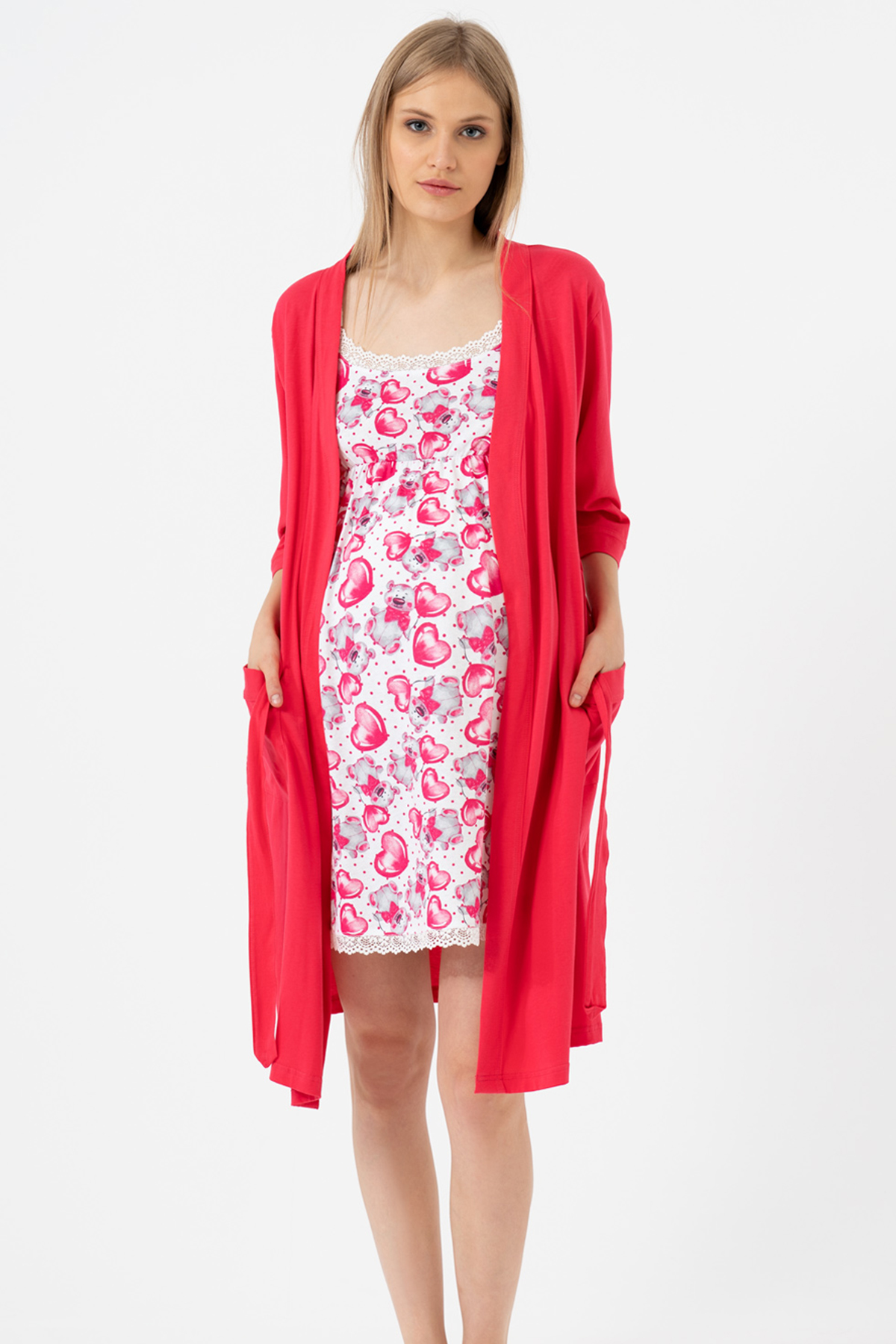 Woman Cerise Pregnant Dressing Gown Set Woman Cerise Pregnant Dressing Gown Set