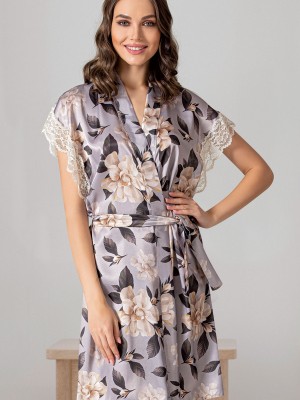 Woman Satin Espresso Lace Sleeve Dressing Gown Woman Satin Espresso Lace Sleeve Dressing Gown