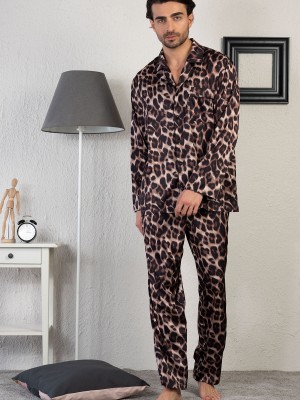 Man Leopard Pattern Satin Pyjama Set Man Leopard Pattern Satin Pyjama Set