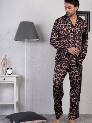 Man Leopard Pattern Satin Pyjama Set Man Leopard Pattern Satin Pyjama Set