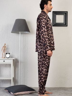 Man Leopard Pattern Satin Pyjama Set Man Leopard Pattern Satin Pyjama Set