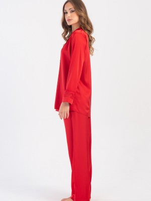 Woman Satin Exclusive Red Long Sleeve Pyjama Set Woman Satin Exclusive Red Long Sleeve Pyjama Set