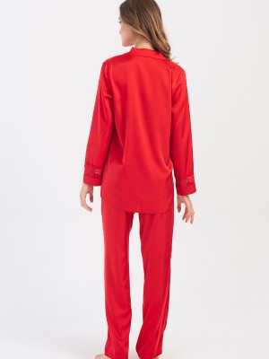 Woman Satin Exclusive Red Long Sleeve Pyjama Set Woman Satin Exclusive Red Long Sleeve Pyjama Set