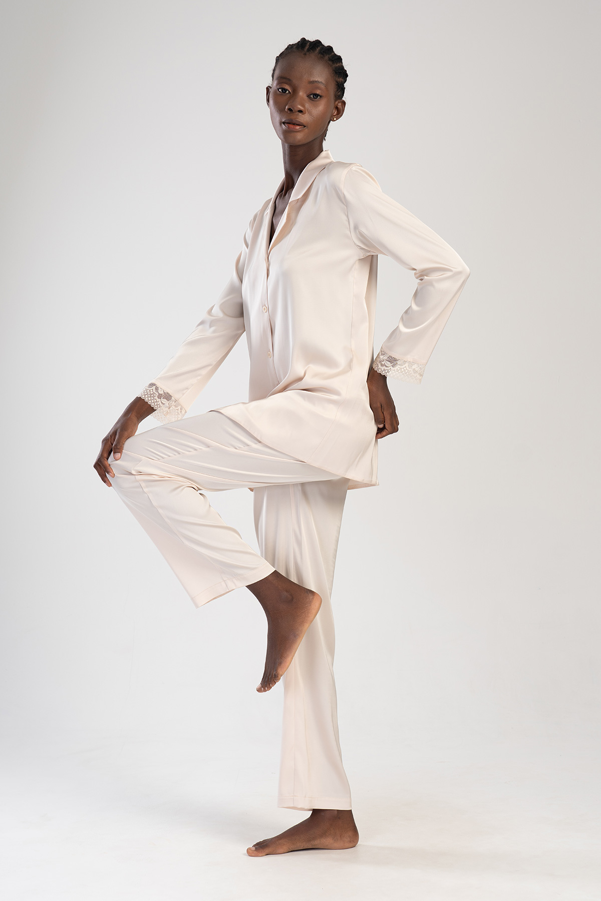 Woman Beige Satin Pyjama Set Woman Beige Satin Pyjama Set