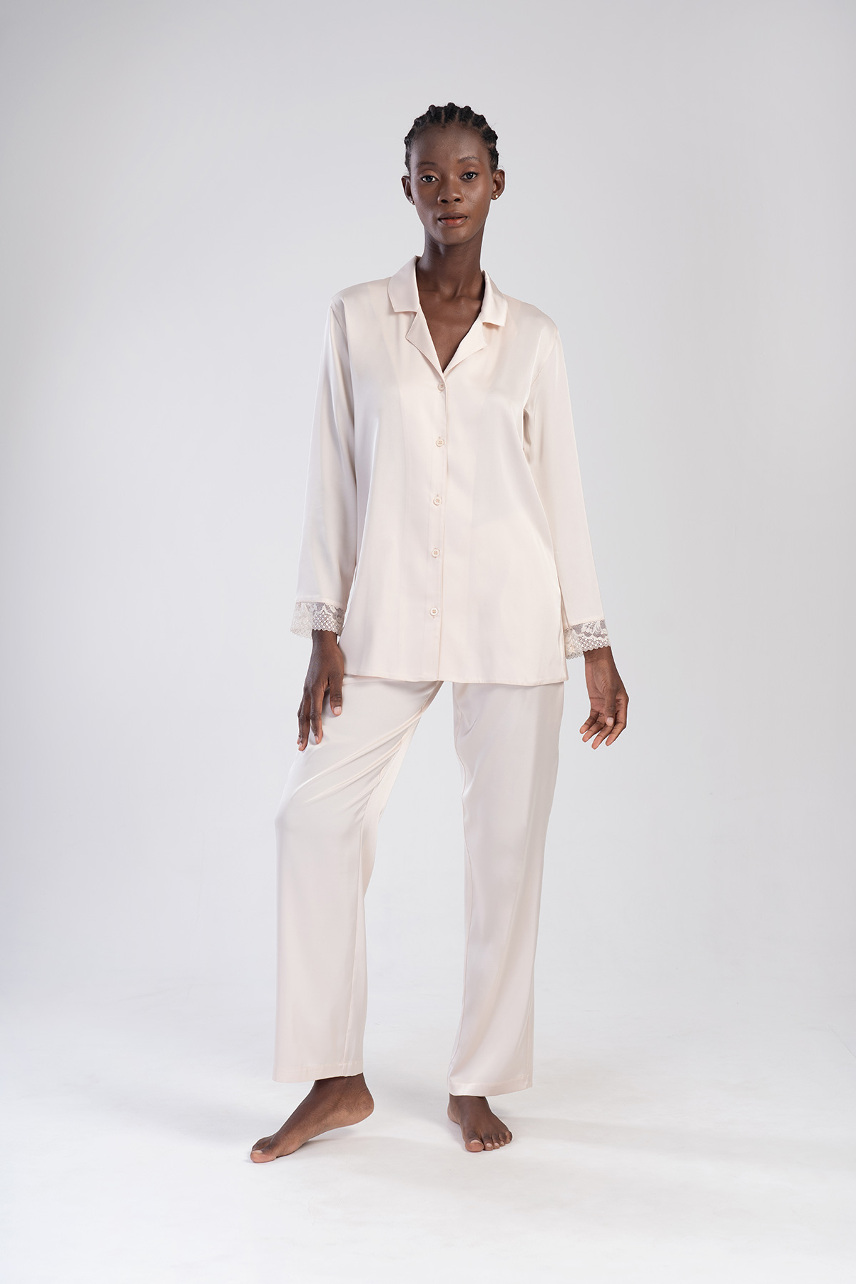 Woman Beige Satin Pyjama Set Woman Beige Satin Pyjama Set