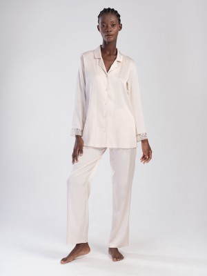 Woman Beige Satin Pyjama Set Woman Beige Satin Pyjama Set