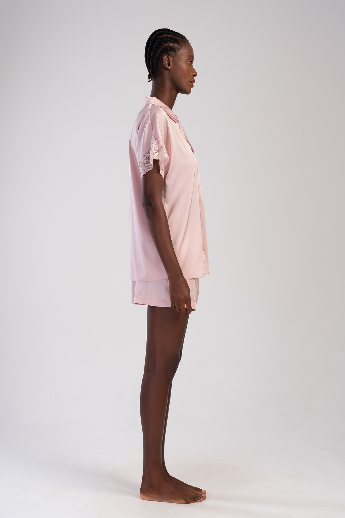 Woman Powder Pink Satin Buttoned Short Set Woman Powder Pink Satin Buttoned Short Set