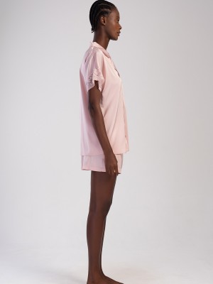 Woman Powder Pink Satin Buttoned Short Set Woman Powder Pink Satin Buttoned Short Set