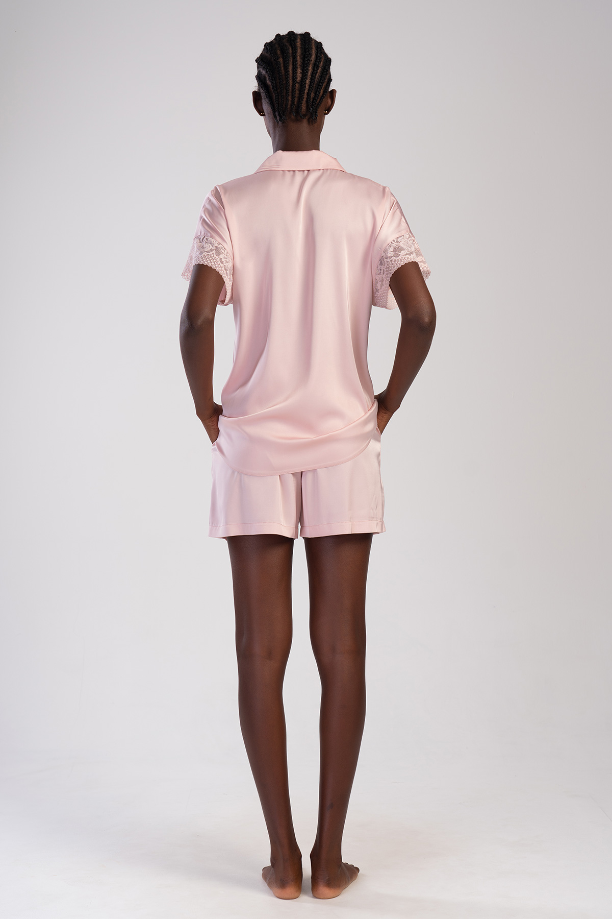 Woman Powder Pink Satin Buttoned Short Set Woman Powder Pink Satin Buttoned Short Set