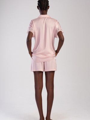 Woman Powder Pink Satin Buttoned Short Set Woman Powder Pink Satin Buttoned Short Set