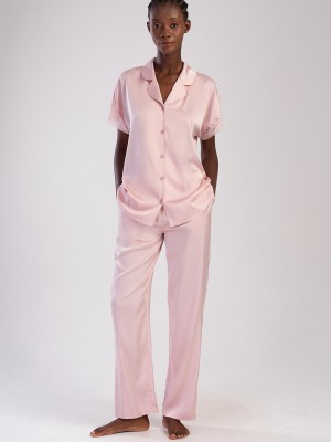 Woman Powder Pink Satin Lace Detail Short Sleeve Pyjama Set Woman Powder Pink Satin Lace Detail Short Sleeve Pyjama Set
