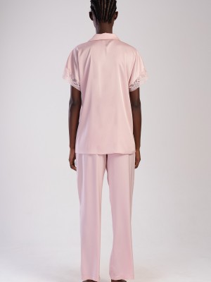 Woman Powder Pink Satin Lace Detail Short Sleeve Pyjama Set Woman Powder Pink Satin Lace Detail Short Sleeve Pyjama Set