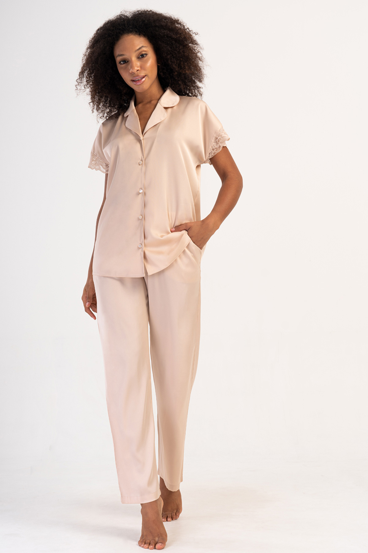 Woman Satin Powder Short Sleeve Pyjama Set