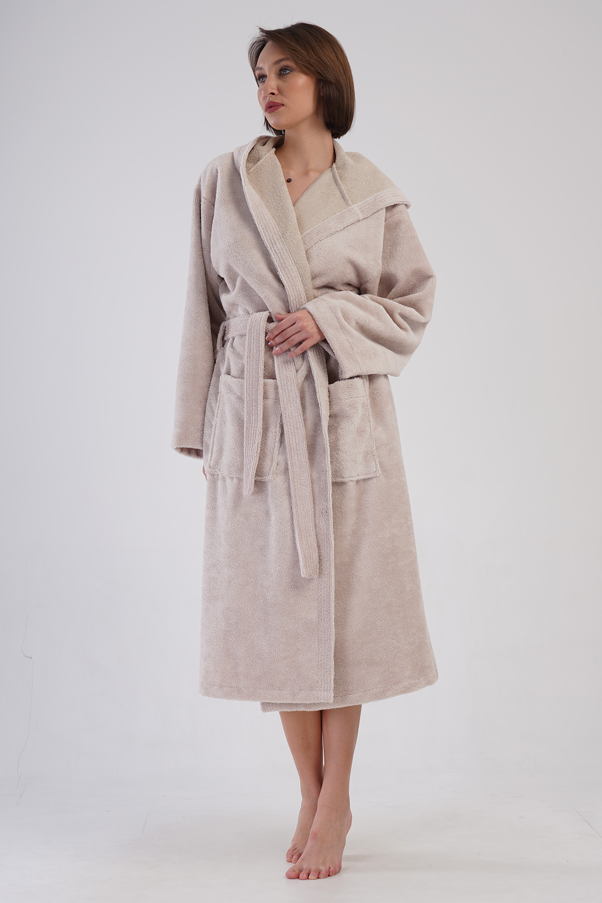 Woman Bukle Cream Hoodie Detail Bathrobe Woman Bukle Cream Hoodie Detail Bathrobe