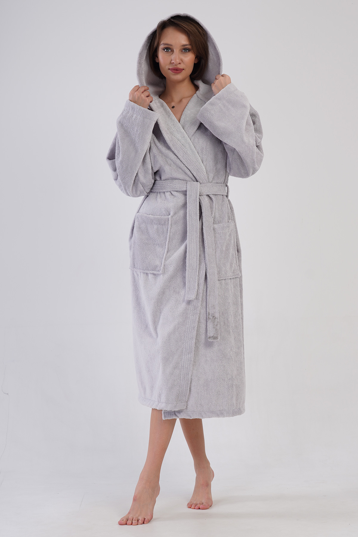 Woman Bukle Light Gray Hoodie Detail Bathrobe Woman Bukle Light Gray Hoodie Detail Bathrobe