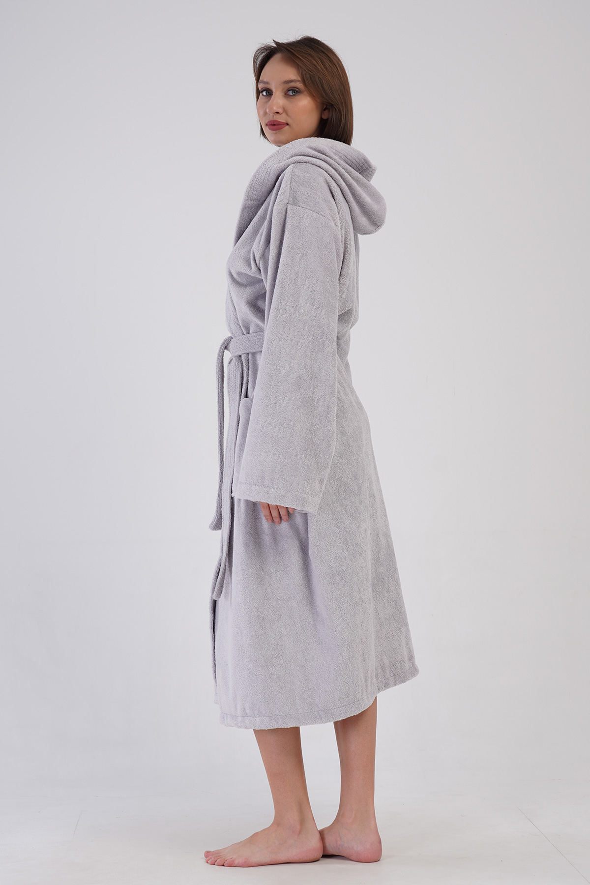 Woman Bukle Light Gray Hoodie Detail Bathrobe Woman Bukle Light Gray Hoodie Detail Bathrobe