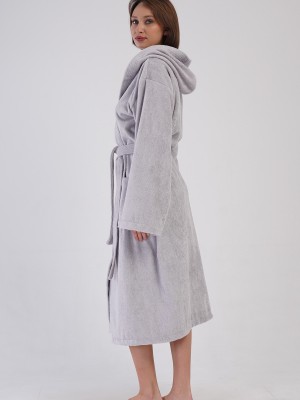 Woman Bukle Light Gray Hoodie Detail Bathrobe Woman Bukle Light Gray Hoodie Detail Bathrobe