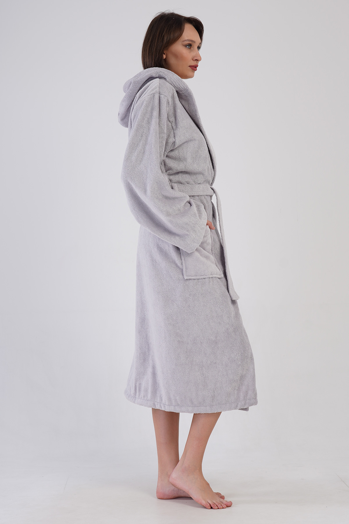 Woman Bukle Light Gray Hoodie Detail Bathrobe Woman Bukle Light Gray Hoodie Detail Bathrobe