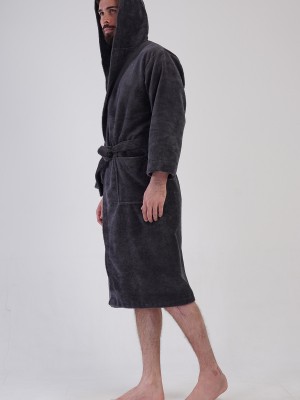 Man Bukle Dark Gray Hoodie Detail Bathrobe Man Bukle Dark Gray Hoodie Detail Bathrobe