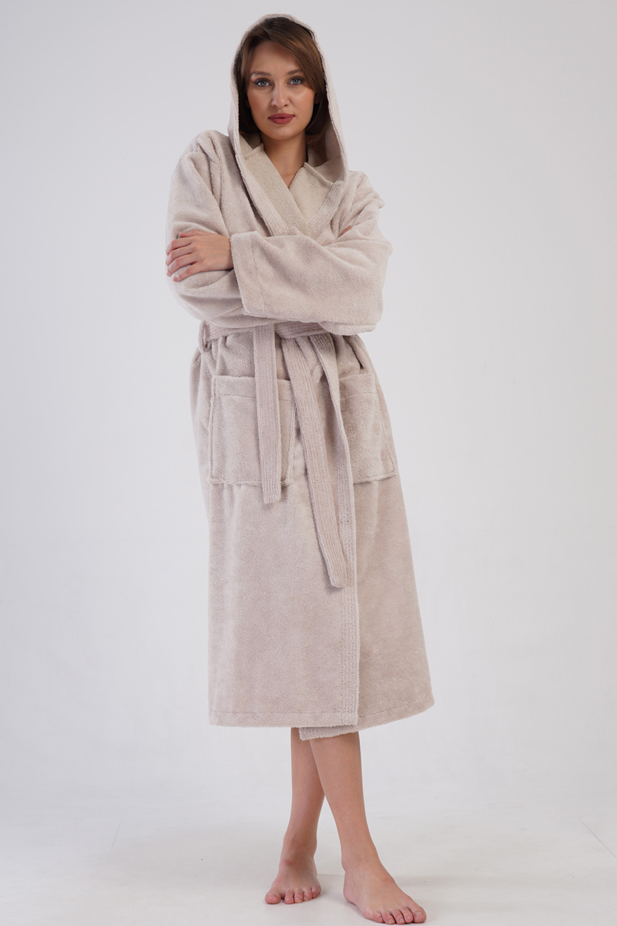 Woman Triga Beige Hoodie Detail Bathrobe Woman Triga Beige Hoodie Detail Bathrobe