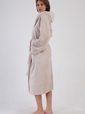 Woman Triga Beige Hoodie Detail Bathrobe Woman Triga Beige Hoodie Detail Bathrobe