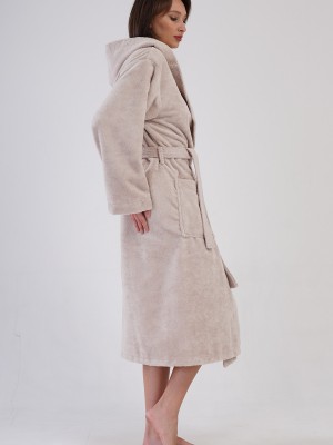 Woman Triga Beige Hoodie Detail Bathrobe Woman Triga Beige Hoodie Detail Bathrobe