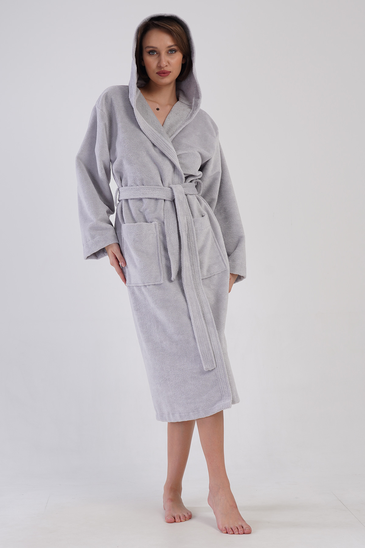 Woman Bukle Light Gray Hoodie Detail Bathrobe Woman Bukle Light Gray Hoodie Detail Bathrobe