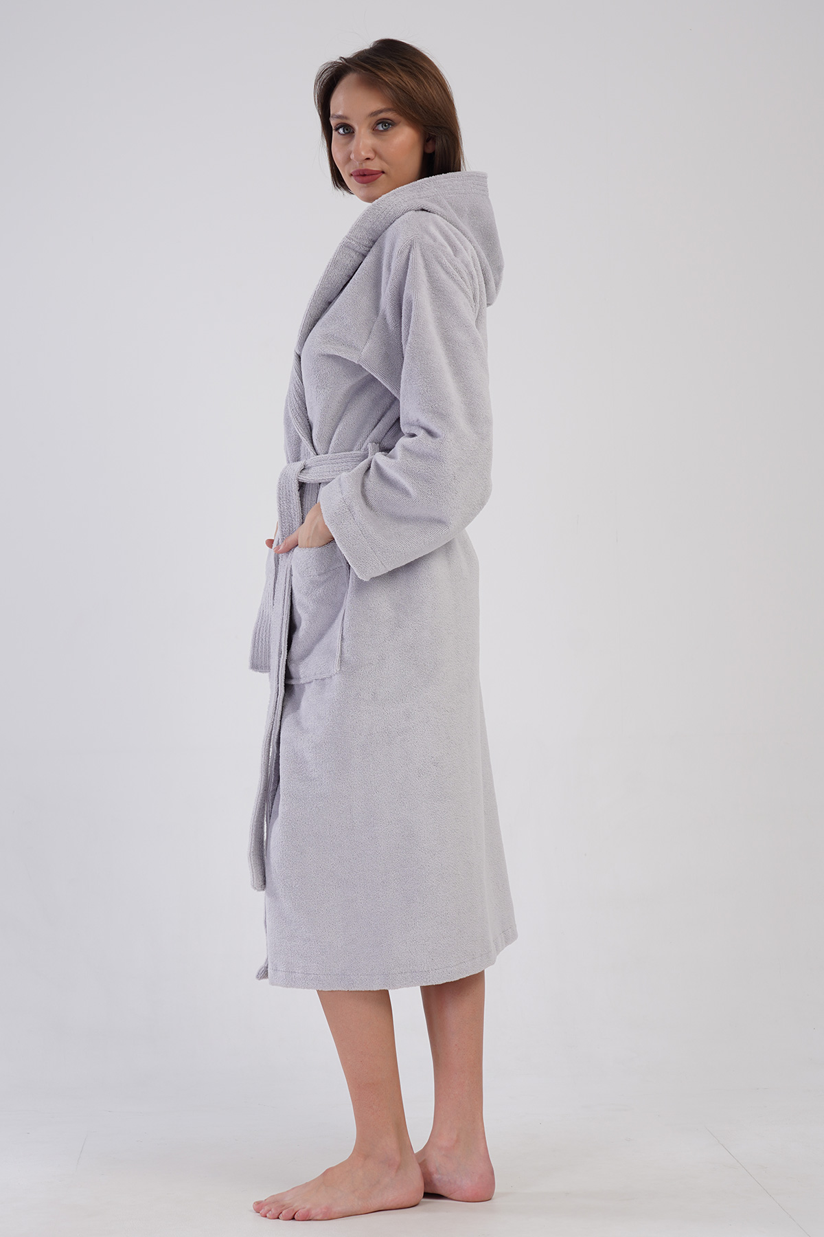 Woman Bukle Light Gray Hoodie Detail Bathrobe Woman Bukle Light Gray Hoodie Detail Bathrobe