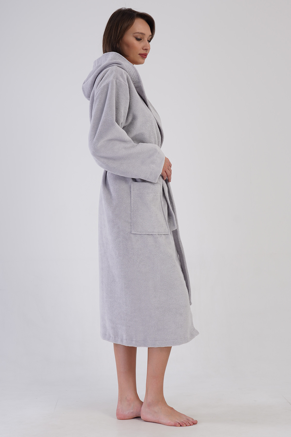 Woman Bukle Light Gray Hoodie Detail Bathrobe Woman Bukle Light Gray Hoodie Detail Bathrobe