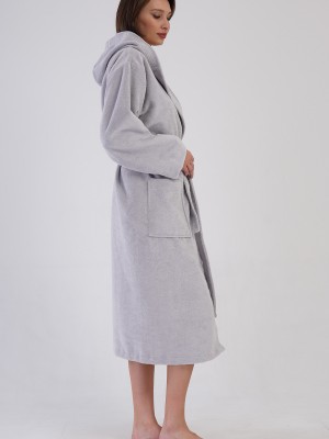 Woman Bukle Light Gray Hoodie Detail Bathrobe Woman Bukle Light Gray Hoodie Detail Bathrobe