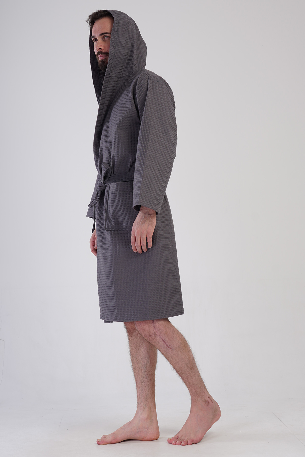 Man Waffle Thin Hoodie Detail Bathrobe