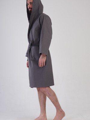 Man Waffle Thin Hoodie Detail Bathrobe
