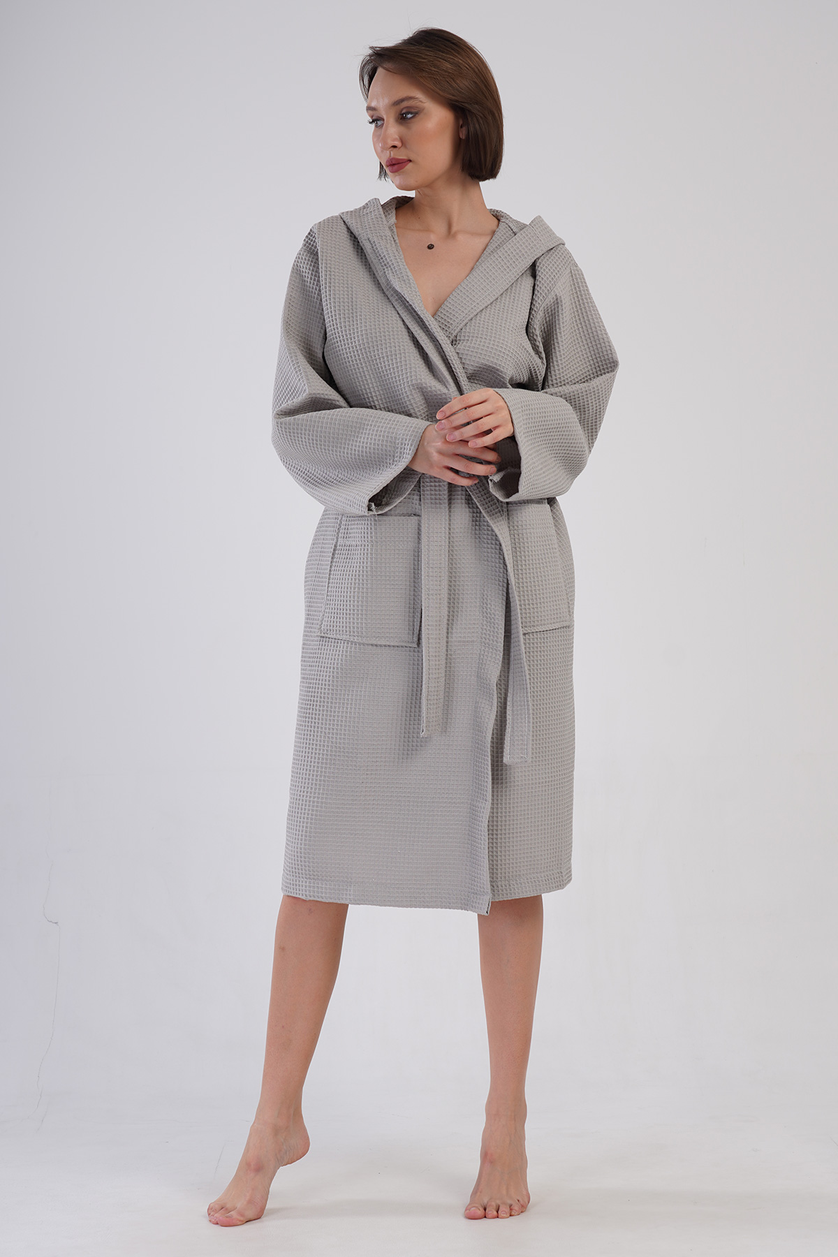 Woman Waffle Thin Hoodie Detail Bathrobe Woman Waffle Thin Hoodie Detail Bathrobe