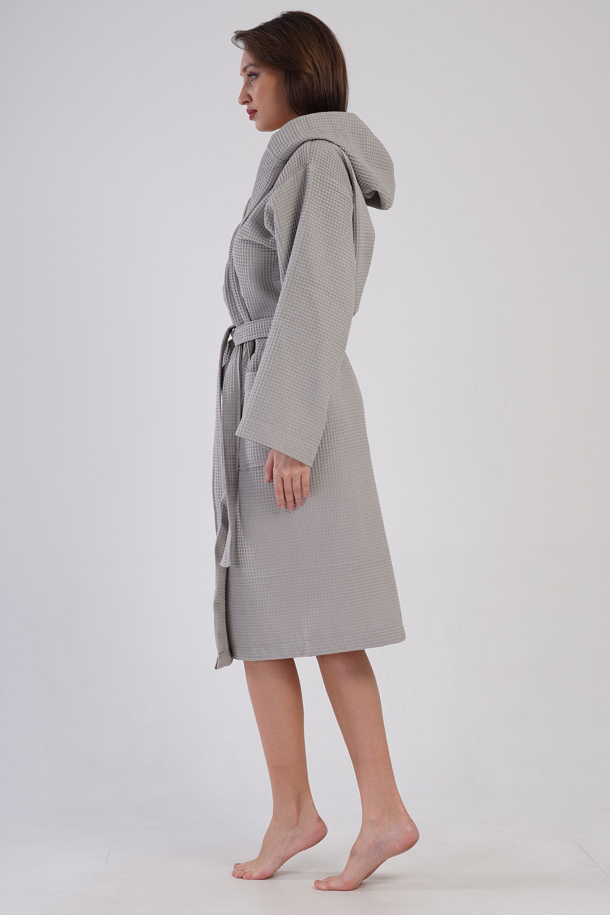 Woman Waffle Thin Hoodie Detail Bathrobe Woman Waffle Thin Hoodie Detail Bathrobe