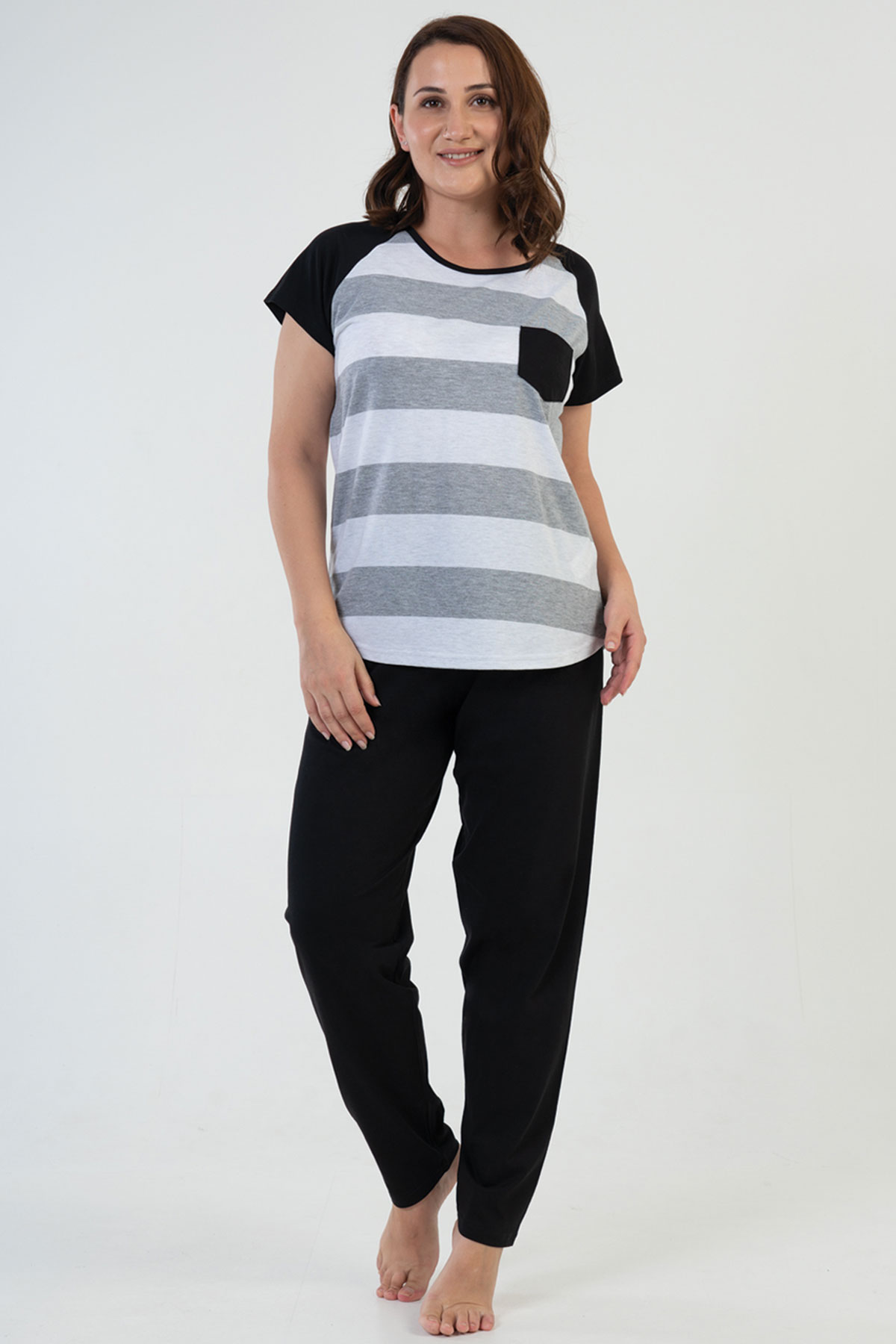 Woman Big Size Gray Line Pyjama Set Woman Big Size Gray Line Pyjama Set