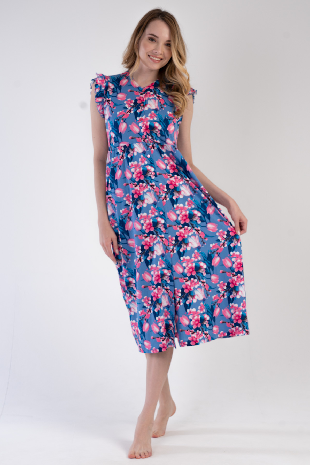 Woman Modal Denim Ruffled Sleeve Dress Woman Modal Denim Ruffled Sleeve Dress