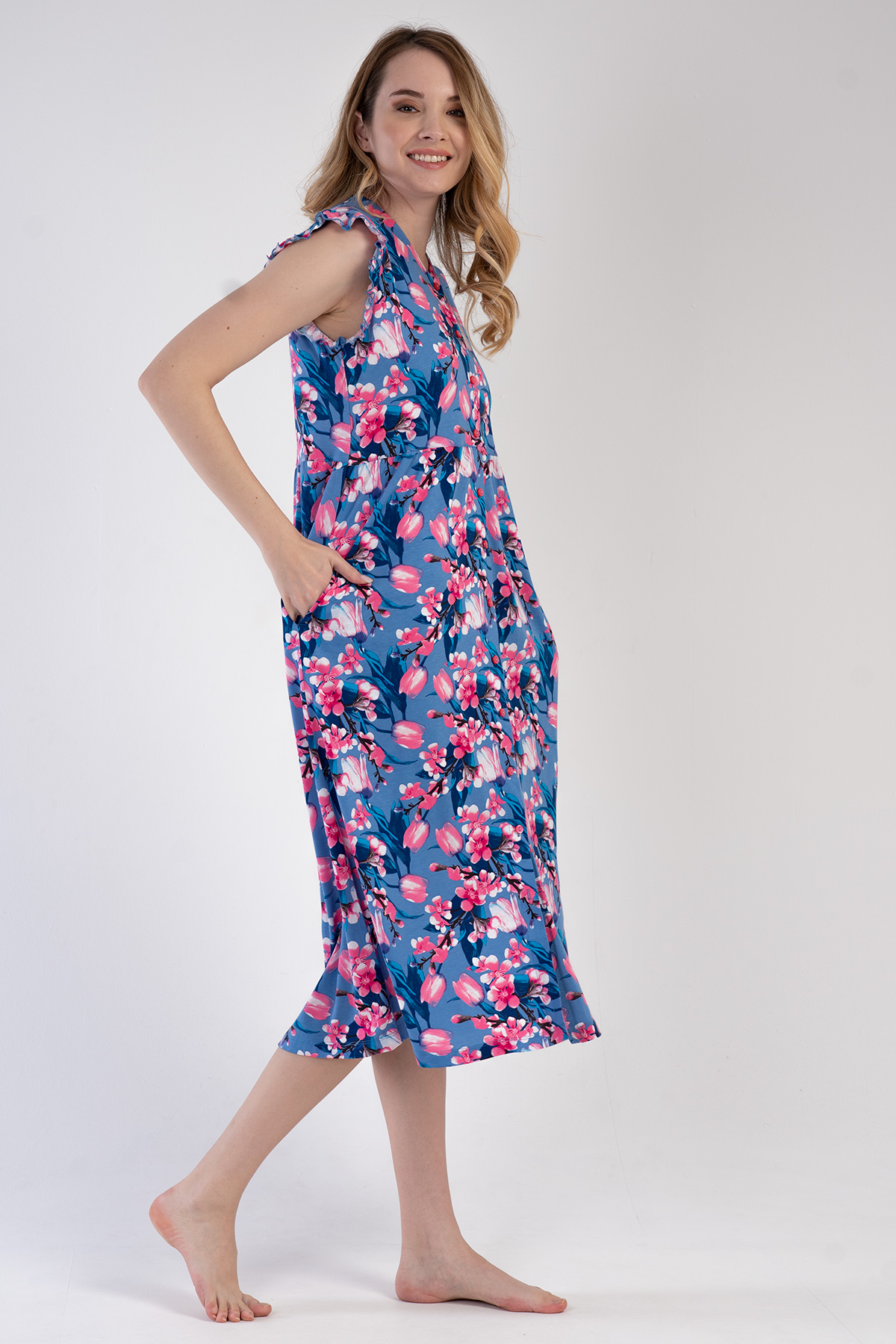 Woman Modal Denim Ruffled Sleeve Dress Woman Modal Denim Ruffled Sleeve Dress