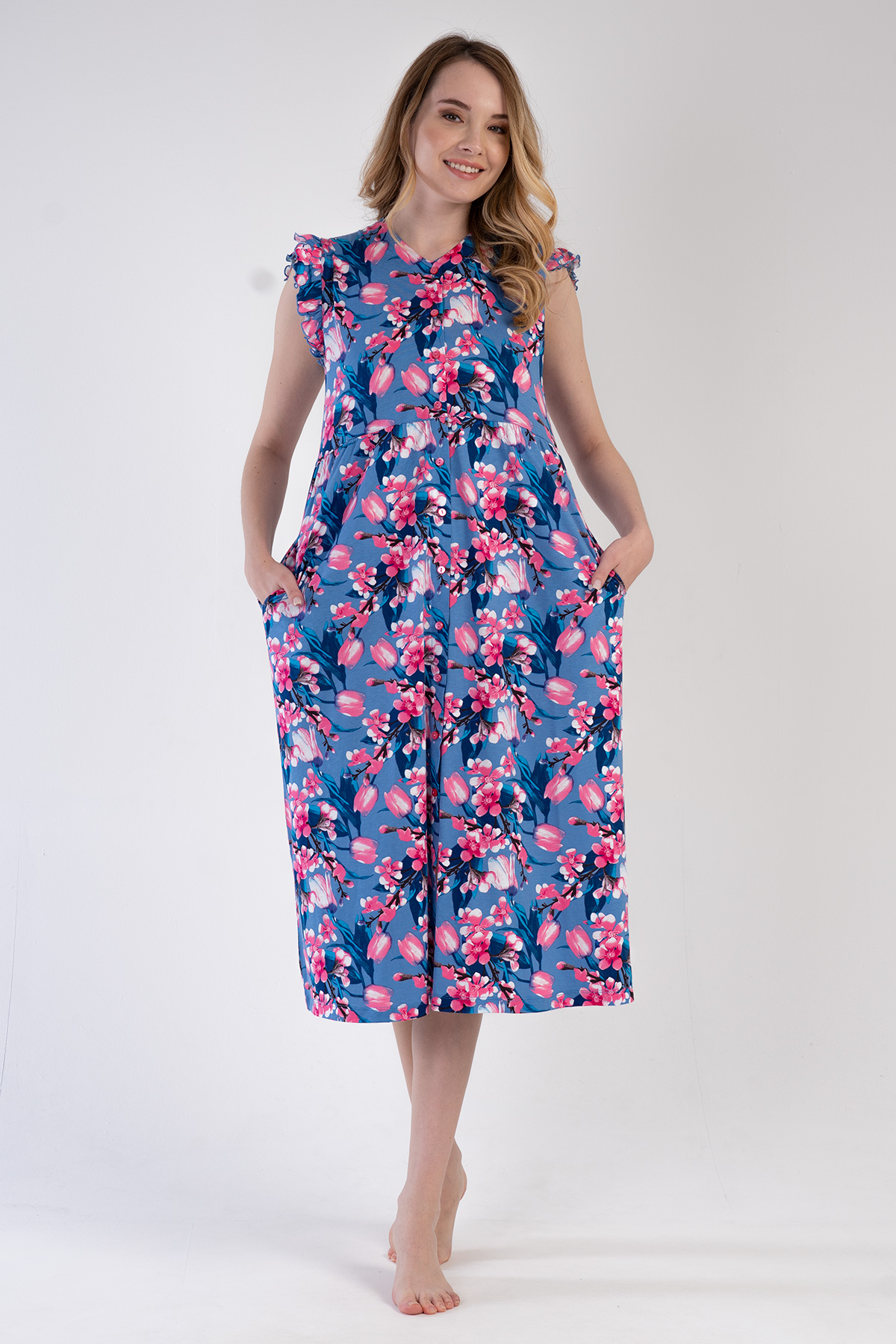 Woman Modal Denim Ruffled Sleeve Dress Woman Modal Denim Ruffled Sleeve Dress